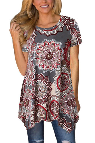 Taupe Boho Floral Irregular Hem Short Sleeve Blouse