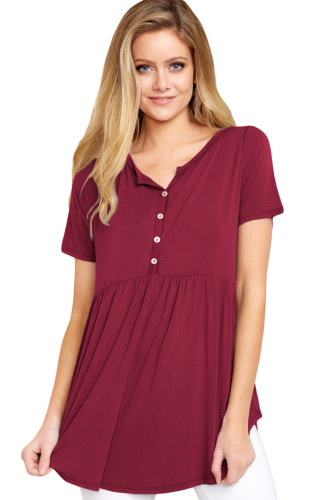 Burgundy Button Front Babydoll Flowy Tee Top with Pleats