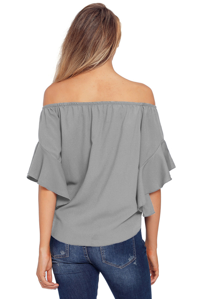 Gray Off The Shoulder Knot Front Top