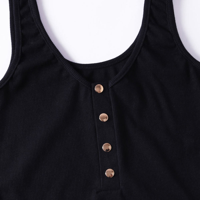 Black Ribbed Knit Button Up Tank Bodysuit