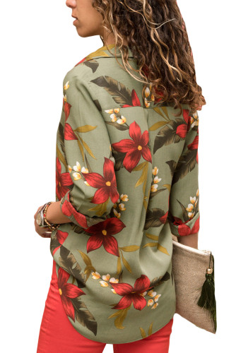 Green Long Sleeve Floral Print Button Front Shirt