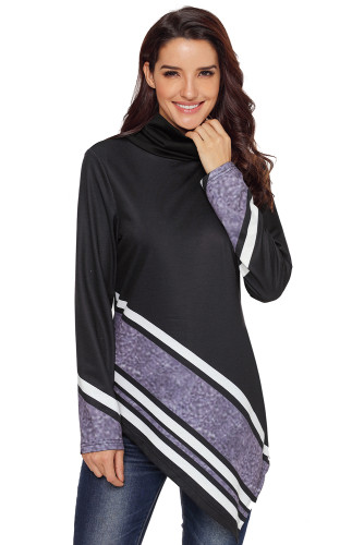 Black Asymmetric Hemline Printed Cowl Neck Sweatshirt