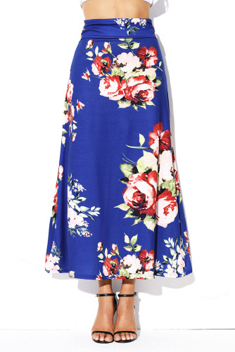 Blue Vibrant Floral Print Long Maxi Skirt
