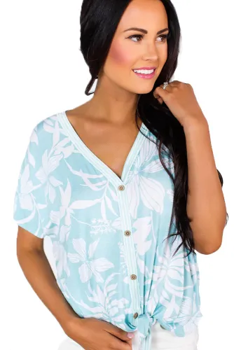 Blue White Floral Button Front Short Sleeve Top