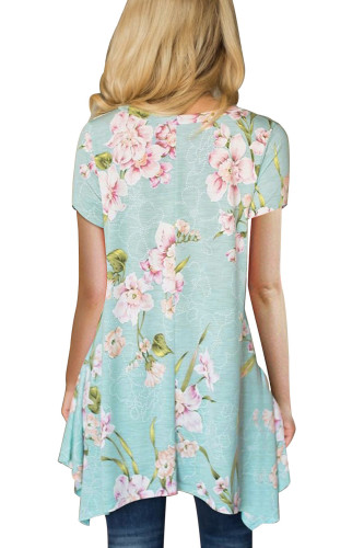 Light Blue Floral Irregular Hem Short Sleeve Blouse