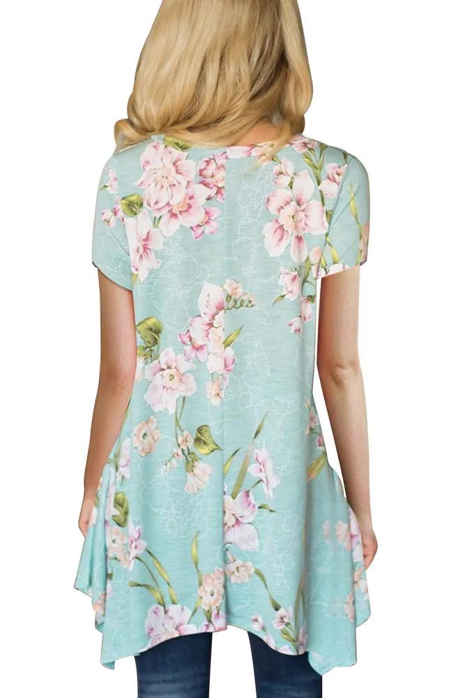 Light Blue Floral Irregular Hem Short Sleeve Blouse