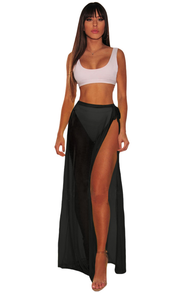 Black Mesh Slit Cover Up Belted Maxi Skirt
