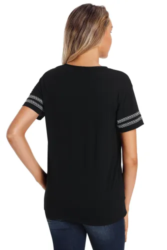 Black Button Front Babydoll Flowy Tee Top with Pleats