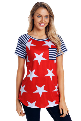 Striped Short Sleeves Red Black American Flag T-shirt