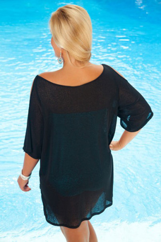 Black Open Shoulder Plus Size Tunic Beach Cover up