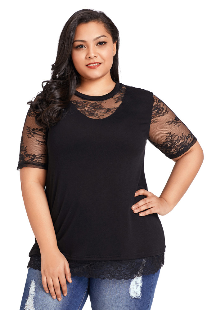 Floral Lace Splice Short Sleeve Plus Size Top