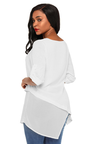 White Roll-tab Sleeve Asymmetric Hemline Crepe Blouse