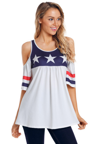White Cold Shoulder American Tee with Varsity Stripes