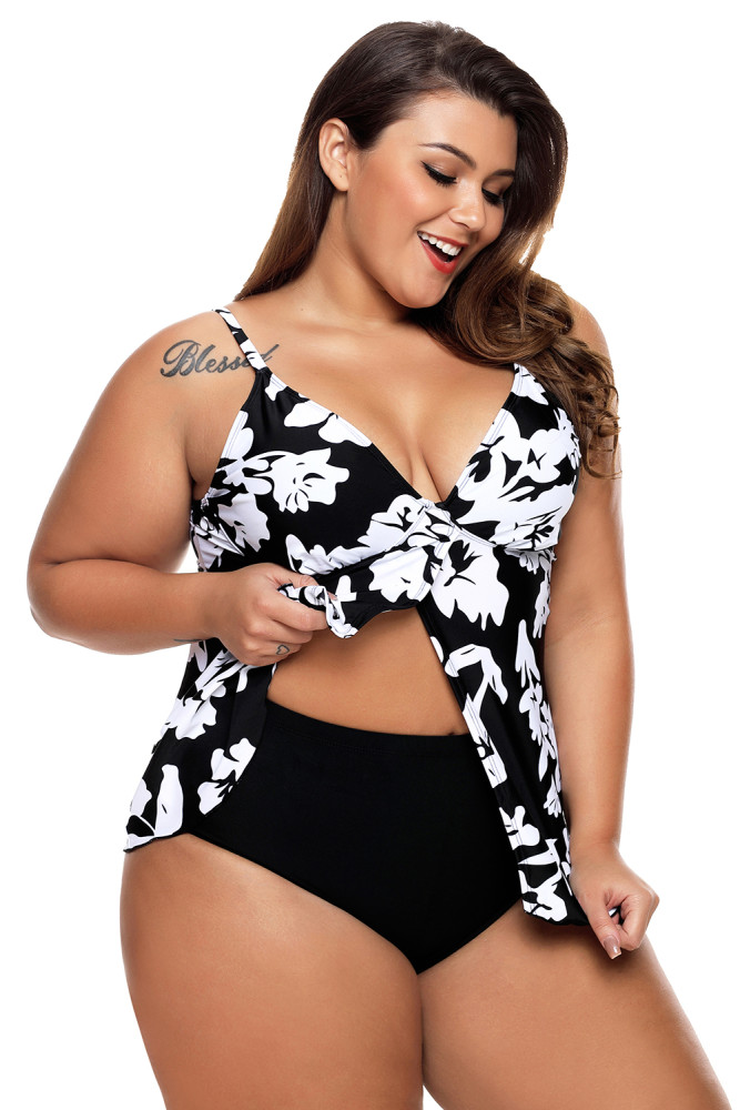 White Paper Cut Print Sexy Flyaway Tankini