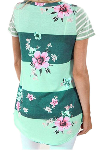 Green Colorblock Floral Striped Casual T-shirt