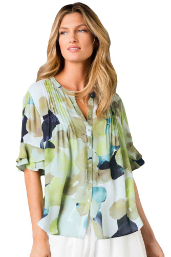 Draped Tie Dye Print Blouse with Flounced Sleeves