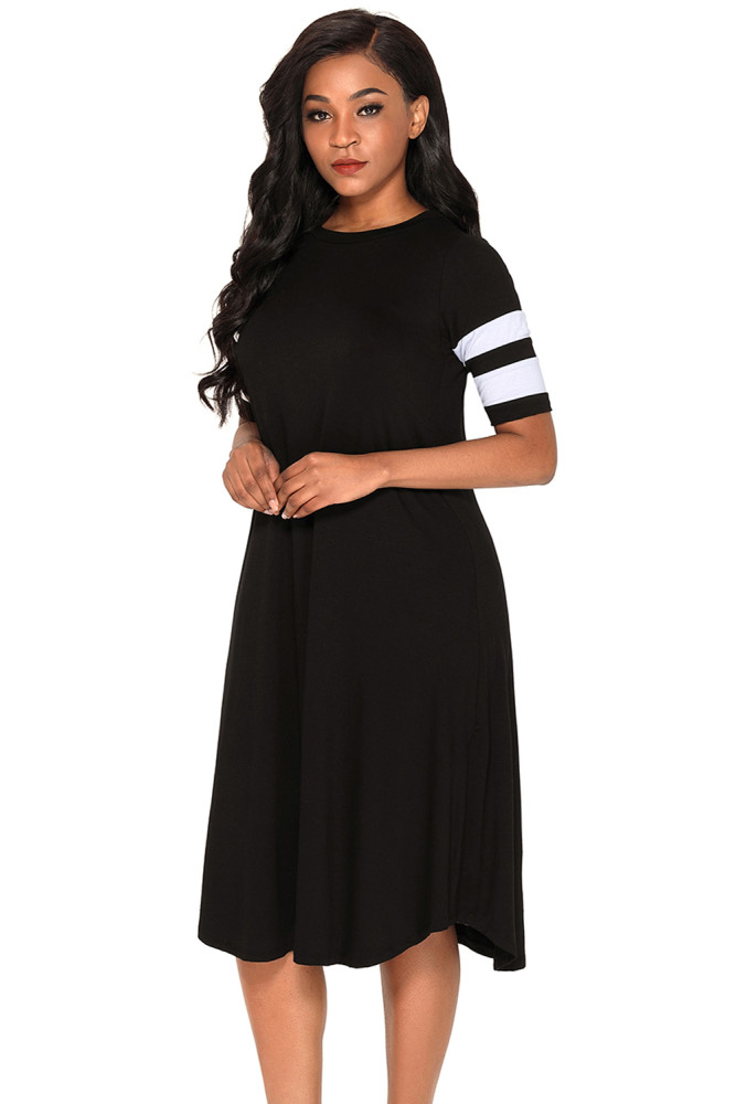 Striped Half Sleeves O Neck Flowy Jersey Dress in Black
