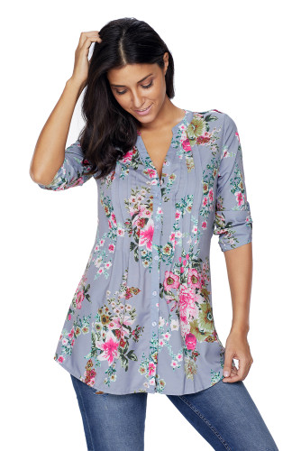 Gray V Neck Pleat Button Front Floral Tunic Top