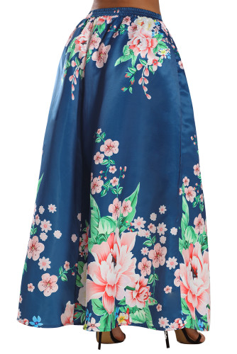Navy Coral Floral Elegant Flared Maxi Skirt