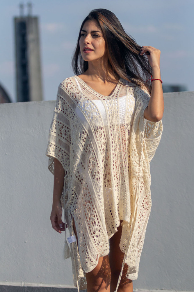 Apricot Crochet Knitted Tassel Tie Kimono Beachwear