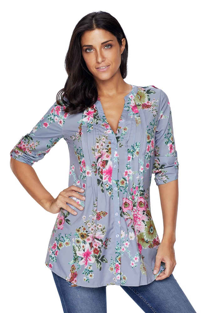 Gray V Neck Pleat Button Front Floral Tunic Top