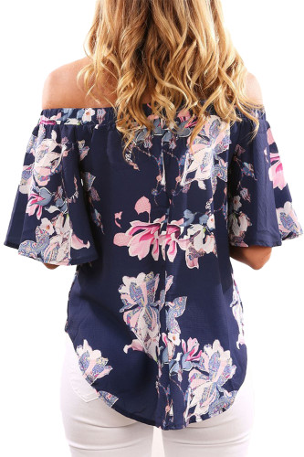 Navy Floral Print Half Sleeve Off Shoulder Blouse