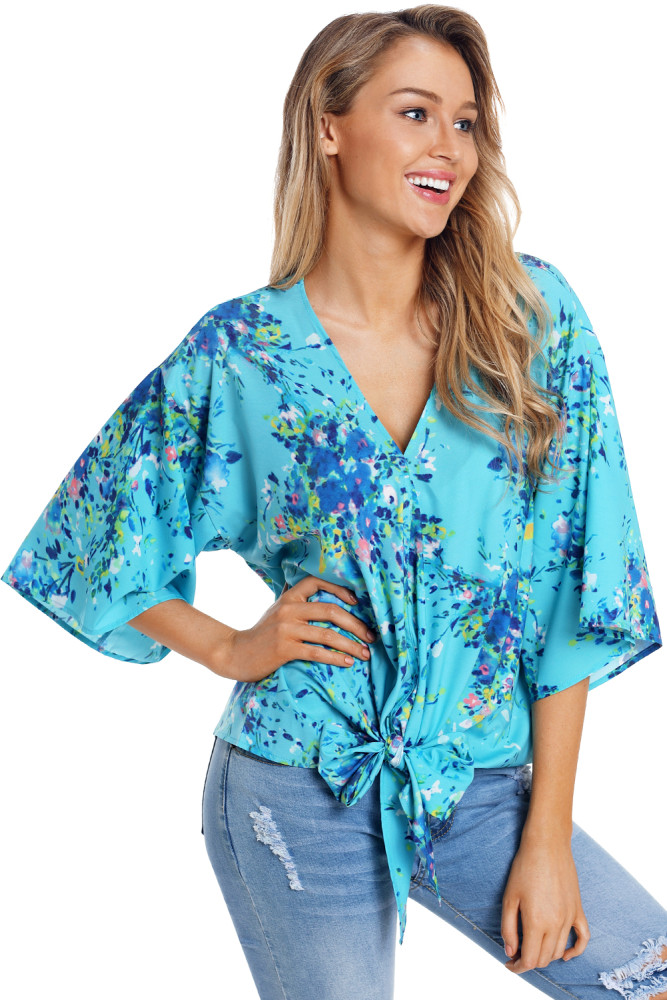 Turquoise Flowerlet Print Tie Front Kimono Sleeve Blouse