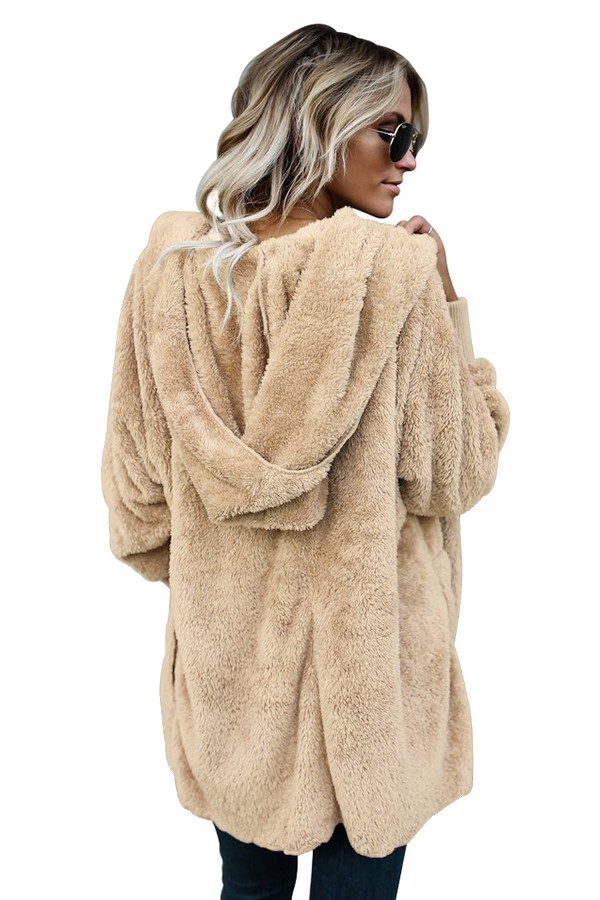 Khaki Soft Fleece Hooded Open Front Coat