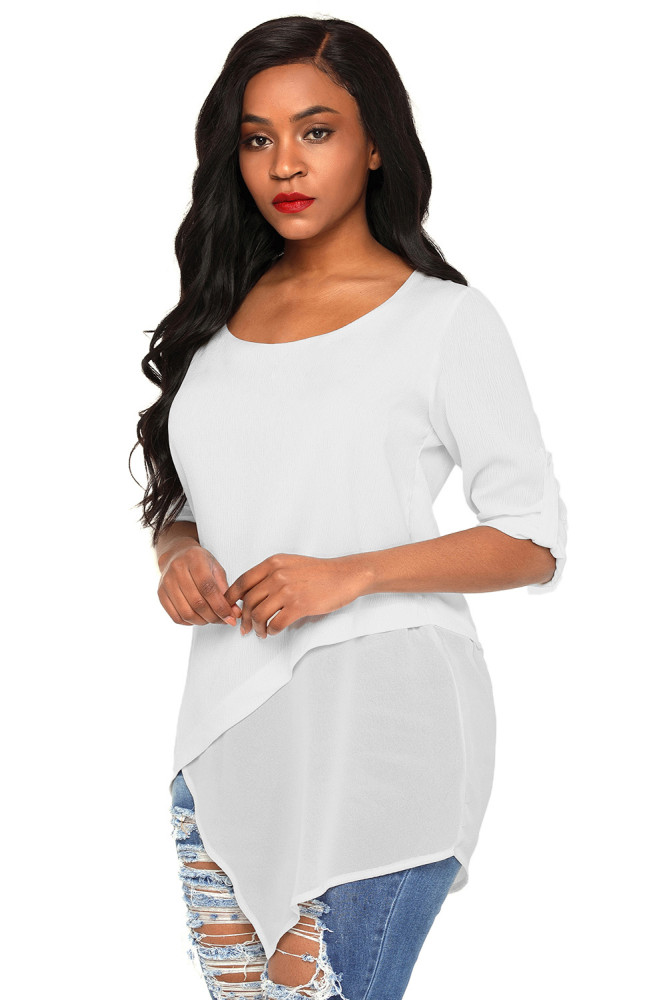 White Roll-tab Sleeve Asymmetric Hemline Crepe Blouse