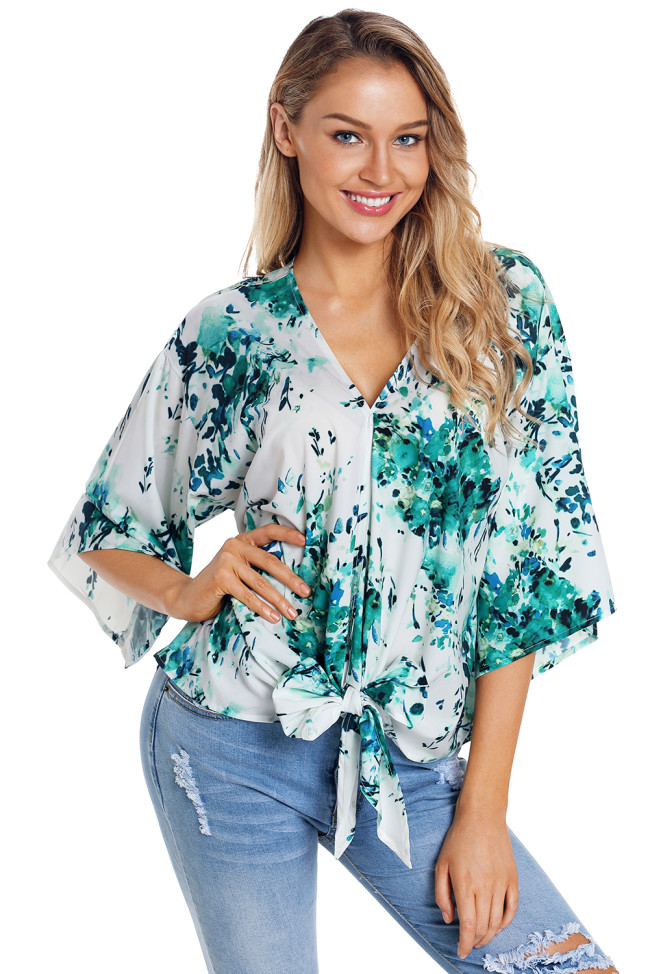 White Flowerlet Print Tie Front Kimono Sleeve Blouse