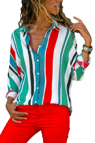 Green Blue Striped Long Sleeve Button Down Shirt