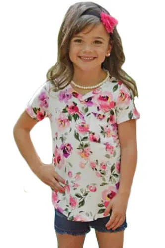 White Pink Floral Print Girls’ Short Sleeve Tee