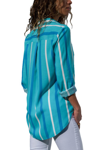 Blue Tricolor Stripe Long Sleeve Button Down Shirt