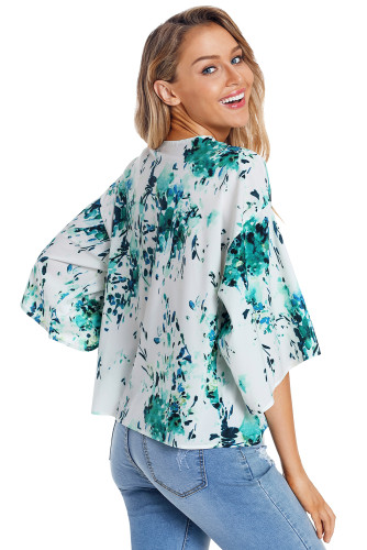White Flowerlet Print Tie Front Kimono Sleeve Blouse