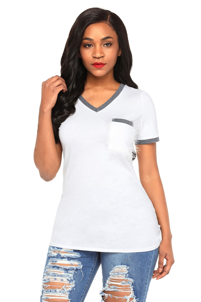 Gray Trimmed White V Neck Pocket Top
