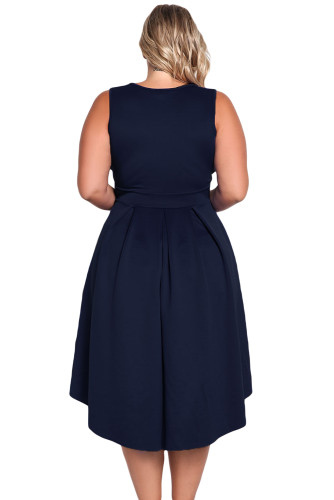 Navy Sleeveless V Neck Plus Size Hi-lo Dress