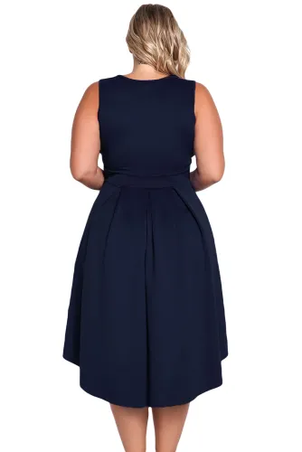 Navy Sleeveless V Neck Plus Size Hi-lo Dress