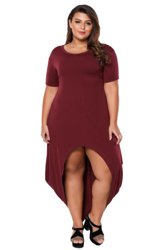 Burgundy Plus Size Hi-Lo Slit Jersey Knit Maxi Dress