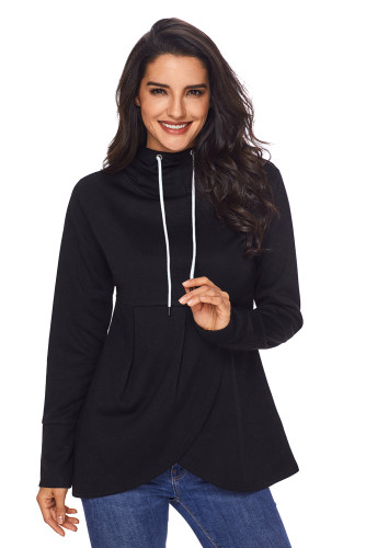 Black Casual Asymmetric Hem Pullover Hoodie