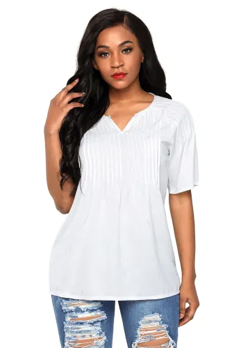 White Pintucks Detail Raglan Sleeves Blouse