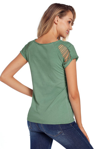 Green Ripped Hollow Out Shoulder Tie Dye T-Shirt Top