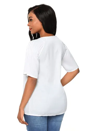 White Pintucks Detail Raglan Sleeves Blouse