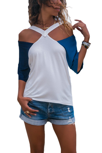 Double Blue Raglan Sleeves Open Shoulder Shirt