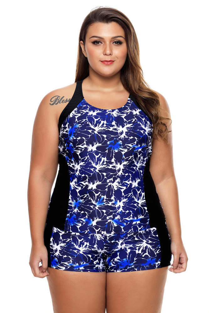 Blue Round Neck Flower Print Tankini Bathing Suit