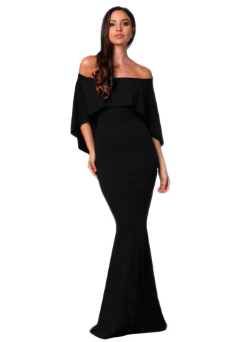 Black Off Shoulder Poncho Gown Mermaid Dress