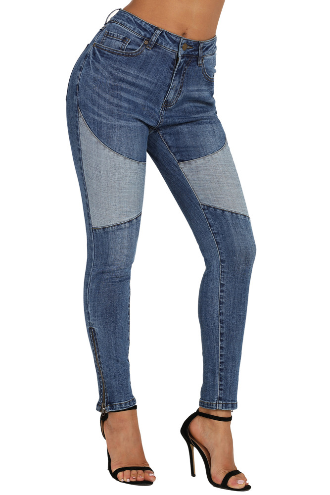 Blue Retro Patch Front Ankle Zipped Jeans