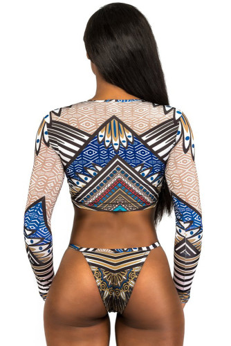 Tribal African Print Long Sleeve Tanga Swimsuit