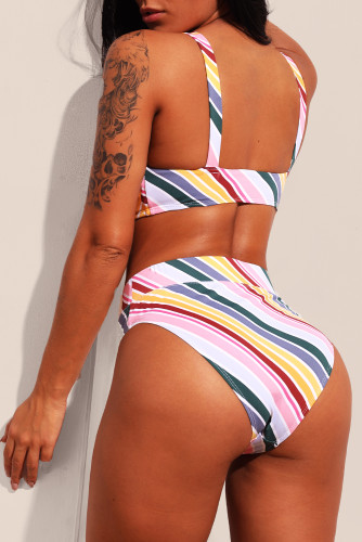 Candy Color Striped Tank High Waist Bikini