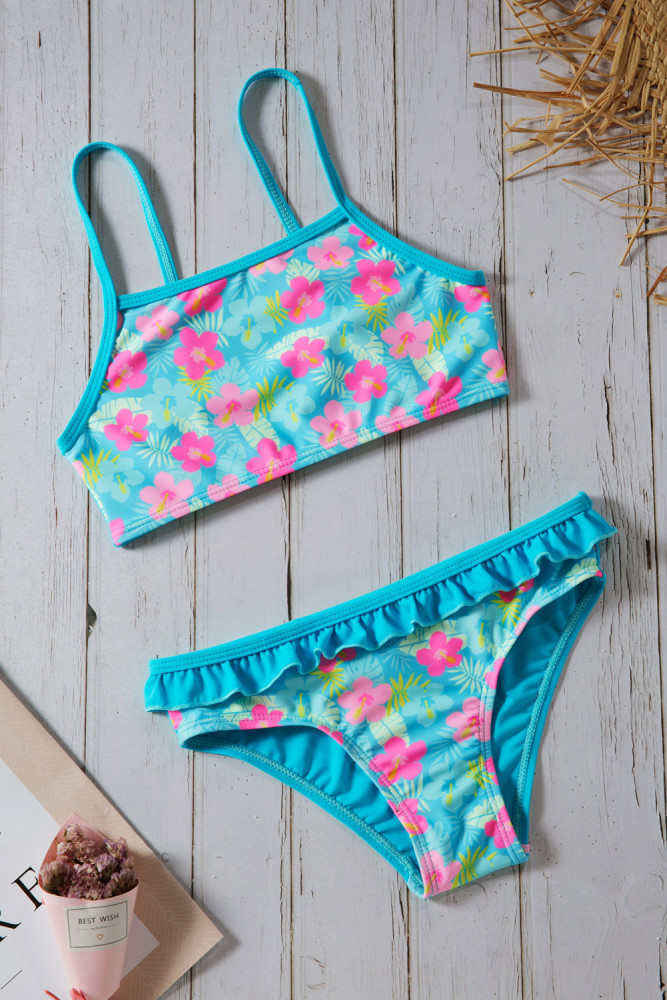Blue Floral Strappy Little Girls’ Tankini Set