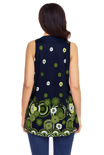 Navy Green Floral Print Flowy Tank Top